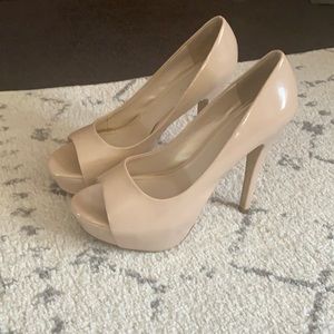 Aldo patent, nude, stiletto platform, peep-toed